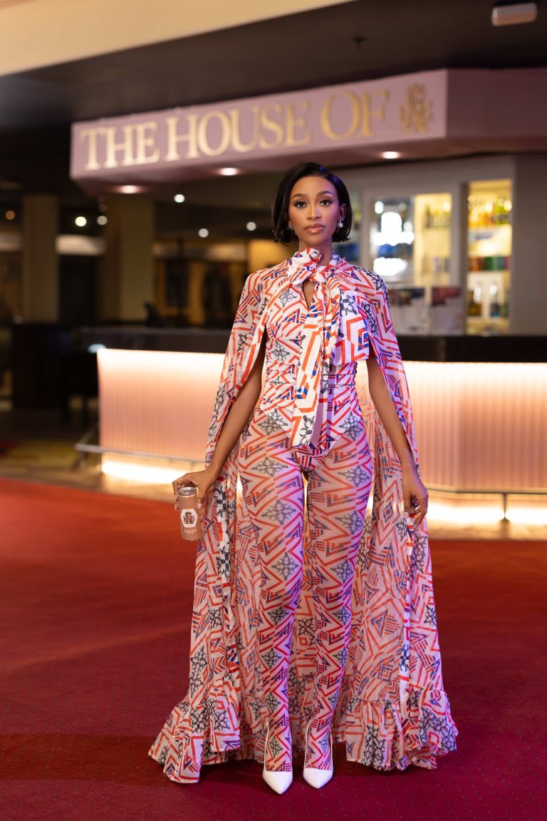 Guest in a printed cape on the red carpet at the BNG Awards, photographed by Indirect Media
