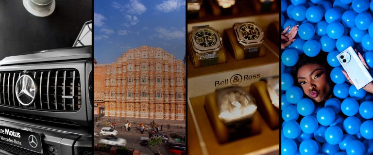 Mercedes-AMG G-Class grille, Hawa Mahal in Jaipur, Bell & Ross watches and a vivo phone, photographed by Indirect Media