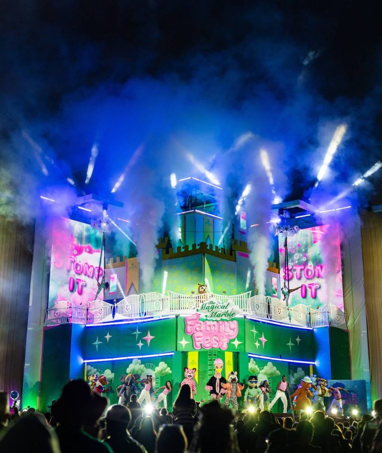 Main stage show with pyrotechnics and costumed characters at the Magical Marble Family Fest, photographed by Indirect Media