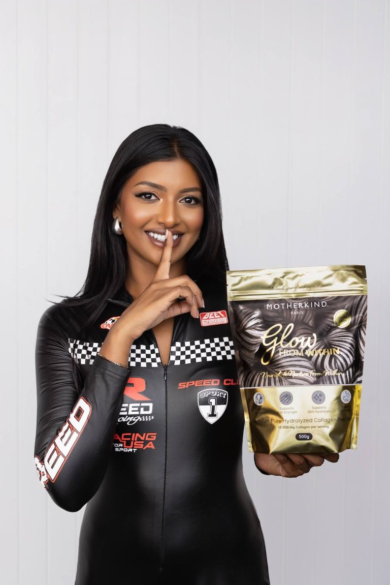 Model holding a Motherkind Glow pouch at the Motherkind shoot, photographed by Indirect Media