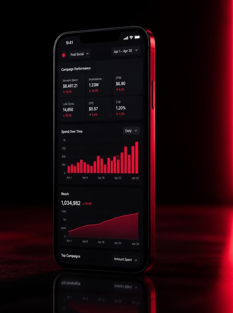 Smartphone showing a paid social campaign dashboard with red spend and reach charts, on black