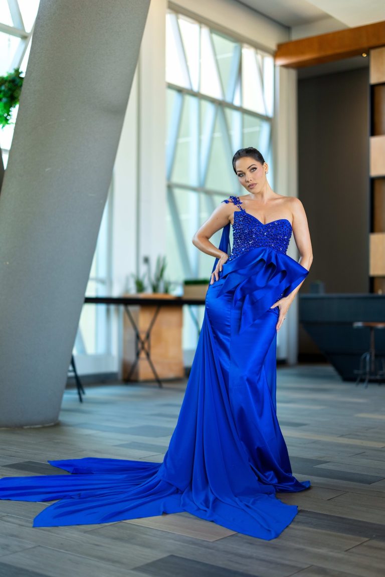 Model in a royal-blue gown, photographed by Indirect Media
